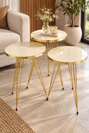 SuloraHome Gold Krem Zigon Sehpa Seti