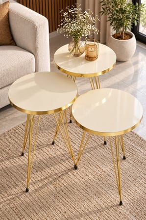 SuloraHome Gold Krem Zigon Sehpa Seti