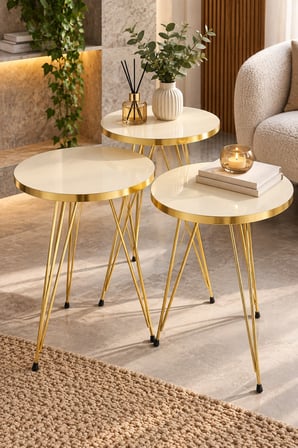 SuloraHome Gold Krem Zigon Sehpa Seti