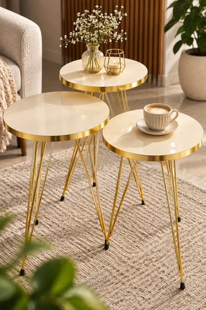 SuloraHome Gold Krem Zigon Sehpa Seti