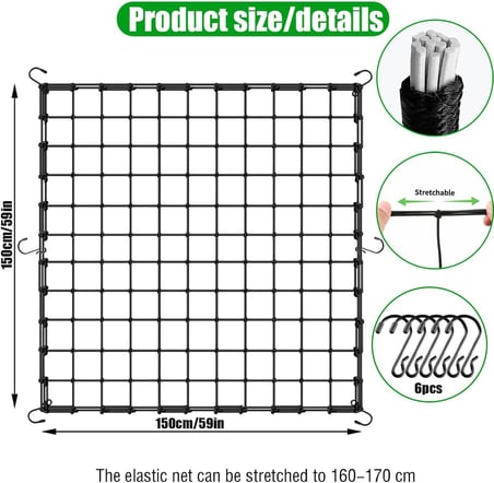 Scrog file, bitki yetiştirme ağı, (150 x 150 cm) elastik kafes ağı, 6 kancalı, elastik ağ kafesi, bitki yetiştirme çadırı, iç mekan bitkisi, hidroponik yetiştirme odası, elastik file