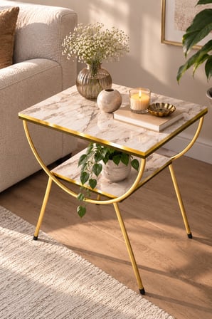 SuloraHome Gold Metal Yan Sehpa Mermer Desenli Çift Raf Kapasiteli