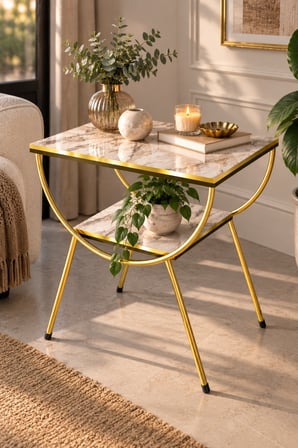SuloraHome Gold Metal Yan Sehpa Mermer Desenli Çift Raf Kapasiteli
