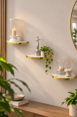 SuloraHome 3'lü Oval Duvar Rafı Seti Gold Kenarlı Efes Beyaz Mermer Desenli