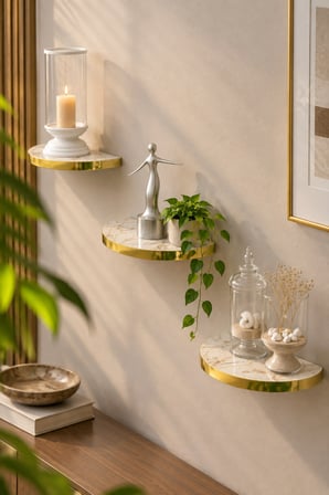 SuloraHome 3'lü Oval Duvar Rafı Seti Gold Kenarlı Efes Beyaz Mermer Desenli