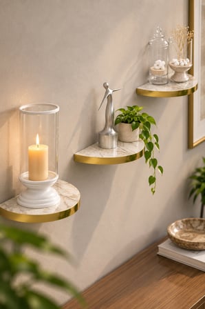 SuloraHome 3'lü Oval Duvar Rafı Seti Gold Kenarlı Efes Beyaz Mermer Desenli