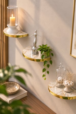 SuloraHome 3'lü Oval Duvar Rafı Seti Gold Kenarlı Efes Beyaz Mermer Desenli