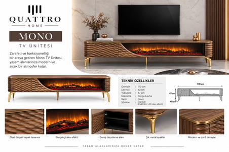 Mono Elektrikli Şömineli TV Ünitesi 170 cm Ceviz Gold Metal Ayaklı Dalgalı Kapaklı Modern TV Sehpası