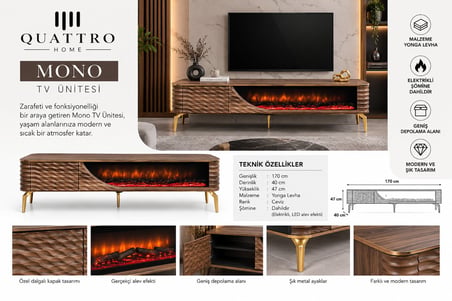 Mono Elektrikli Şömineli TV Ünitesi 170 cm Ceviz Gold Metal Ayaklı Dalgalı Kapaklı Modern TV Sehpası