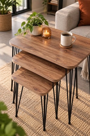 SuloraHome Ceviz Desenli Metal Tel Ayaklı 3'lü Zigon Sehpa Takımı