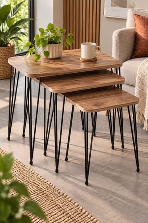 SuloraHome Ceviz Desenli Metal Tel Ayaklı 3'lü Zigon Sehpa Takımı