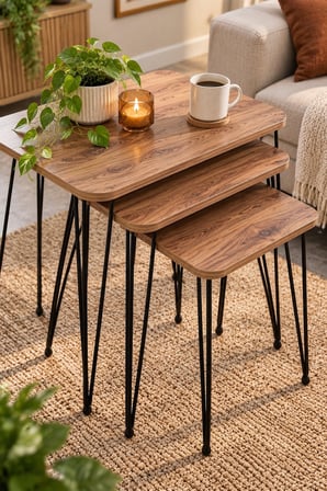 SuloraHome Ceviz Desenli Metal Tel Ayaklı 3'lü Zigon Sehpa Takımı