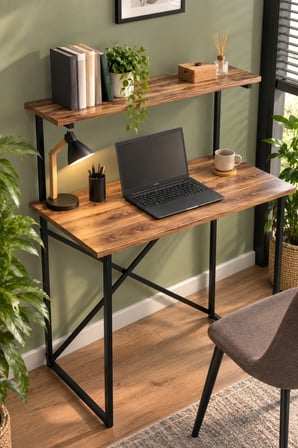 SuloraHome Ceviz Desenli Raflı Çalışma Masası