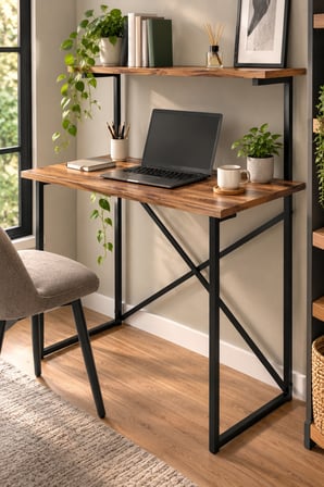 SuloraHome Ceviz Desenli Raflı Çalışma Masası