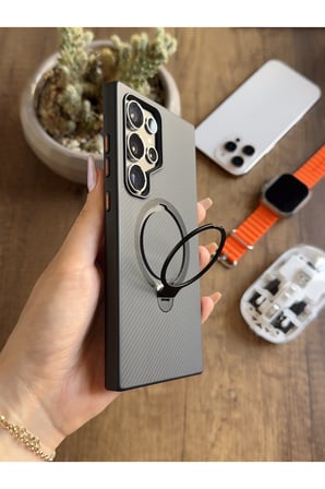 Samsung Galaxy S24 Ultra Uyumlu Karbon Desenli Standlı Ve MagSafe Uyumlu Kılıf SooCase700