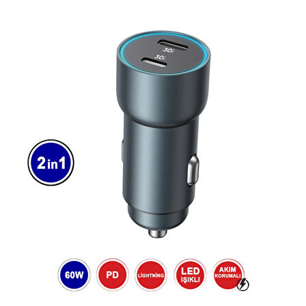 Araç Şarj Cihazı 60 W Çift Çıkışlı (Lightning Port ve Type-C Port Çıkışlı) MT1836