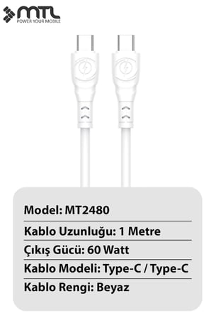 60W Type-C to Type-C Hızlı Extra Yumuşak Dayanıklı Şarj ve Data Kablosu MT2480