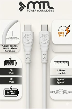 60W Type-C to Type-C Hızlı Extra Yumuşak Dayanıklı Şarj ve Data Kablosu MT2480