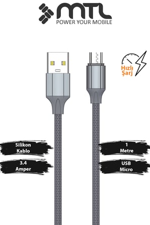 3.4A USB to Micro Metal Başlıklı Silikon Hızlı Şarj ve Data Aktarım Kablosu Gri 1 Metre MT2433