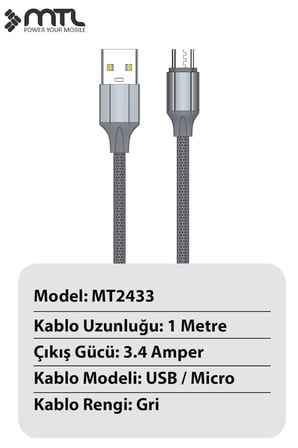 3.4A USB to Micro Metal Başlıklı Silikon Hızlı Şarj ve Data Aktarım Kablosu Gri 1 Metre MT2433