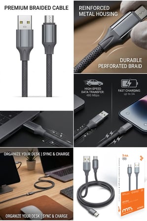 3.4A USB to Micro Metal Başlıklı Silikon Hızlı Şarj ve Data Aktarım Kablosu Gri 1 Metre MT2433