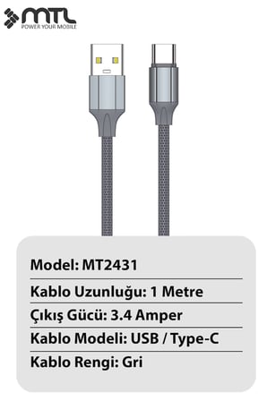 3.4A USB to Type-C Silikon Hızlı Şarj ve Data Kablosu Hasır 1 Metre Gri MT2431