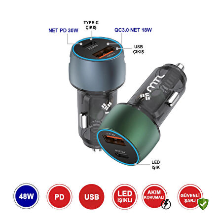 Araç Şarj Cihazı 48 W PD + QC 3.0 Çift Çıkışlı – Type‑C PD 30 W & USB‑A 18 W MT1832