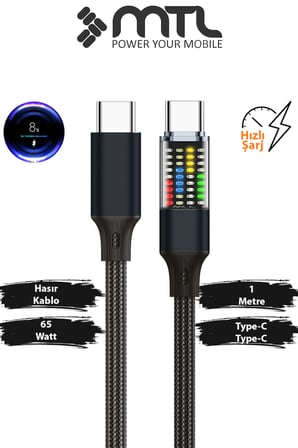 60W PD Type-C to Type-C Güç Durum Göstergeli LCD Ekranlı Şarj Kablosu 1 Metre Siyah MT2153