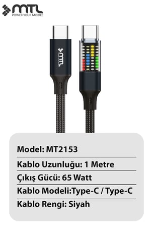 60W PD Type-C to Type-C Güç Durum Göstergeli LCD Ekranlı Şarj Kablosu 1 Metre Siyah MT2153