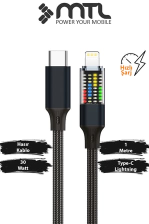 30W PD Type-C to iPhone Lightning Güç Durum Göstergeli LCD Ekranlı Şarj Kablosu 1 Metre Siyah MT2154