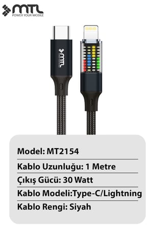 30W PD Type-C to iPhone Lightning Güç Durum Göstergeli LCD Ekranlı Şarj Kablosu 1 Metre Siyah MT2154