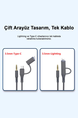 Type-C ve iPhone Lightning To 3.5mm Aux Dolanmaz Silikon Ses Kablosu 2 in 1 Stereo OTG MT2812