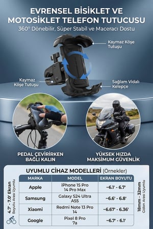 Motosiklet Bisiklet Telefon Tutucu Titreşim Önleyici 4 Köşe Kilit 360° Döner MT6086