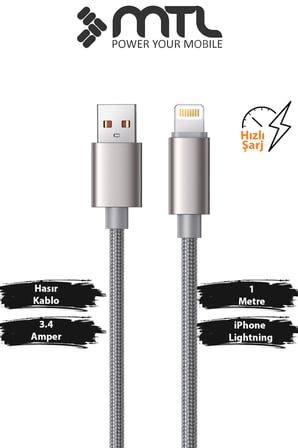 3.4A USB to iPhone Lightning Örgülü Alüminyum Başlıklı Hızlı Şarj ve Data Kablosu 1 Metre MT2032
