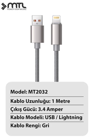 3.4A USB to iPhone Lightning Örgülü Alüminyum Başlıklı Hızlı Şarj ve Data Kablosu 1 Metre MT2032