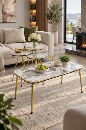 SuloraHome Beyaz Mermer Desenli ve Gold Metal Ayaklı 4'lü Sehpa Seti