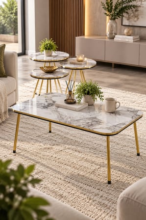 SuloraHome Beyaz Mermer Desenli ve Gold Metal Ayaklı 4'lü Sehpa Seti