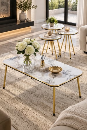 SuloraHome Beyaz Mermer Desenli ve Gold Metal Ayaklı 4'lü Sehpa Seti