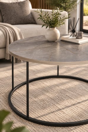 SuloraHome Gordion Desenli Gri Orta Sehpa Siyah Metal Ayaklı Yuvarlak Salon Sehpa