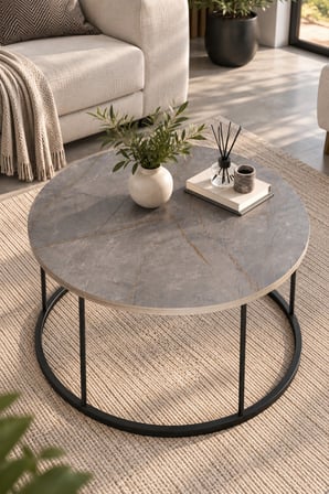SuloraHome Gordion Desenli Gri Orta Sehpa Siyah Metal Ayaklı Yuvarlak Salon Sehpa