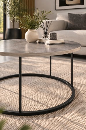 SuloraHome Gordion Desenli Gri Orta Sehpa Siyah Metal Ayaklı Yuvarlak Salon Sehpa