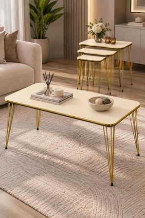 SuloraHome Krem Renkli Gold Tel Ayaklı 4'lü Sehpa Seti