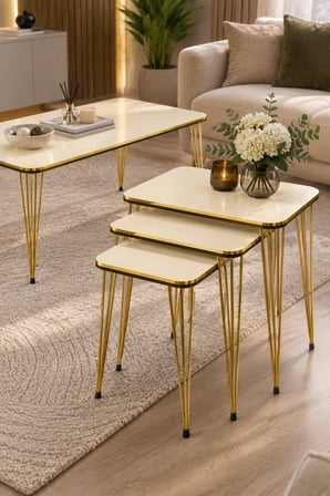 SuloraHome Krem Renkli Gold Tel Ayaklı 4'lü Sehpa Seti