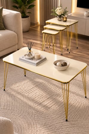SuloraHome Krem Renkli Gold Tel Ayaklı 4'lü Sehpa Seti
