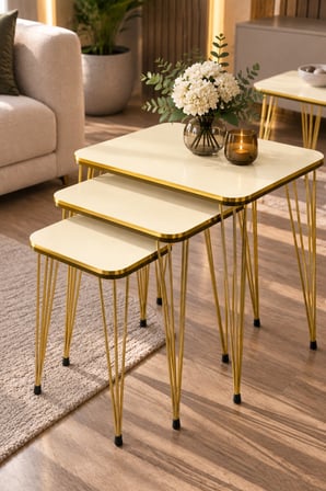 SuloraHome Krem Renkli Gold Tel Ayaklı 4'lü Sehpa Seti