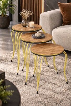 SuloraHome Lükens Ayaklı Çam Desenli 3'lü Zigon Sehpa Takımı