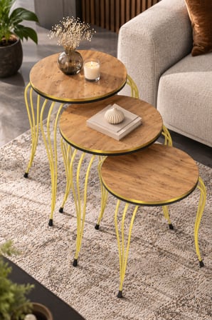 SuloraHome Lükens Ayaklı Çam Desenli 3'lü Zigon Sehpa Takımı