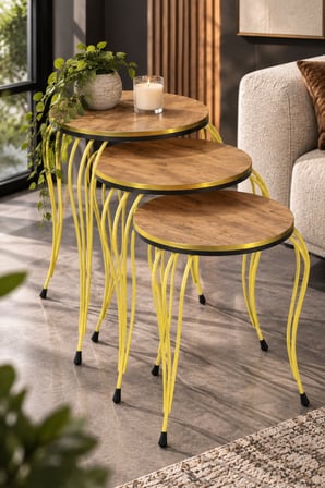 SuloraHome Lükens Ayaklı Çam Desenli 3'lü Zigon Sehpa Takımı