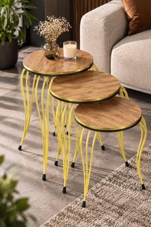 SuloraHome Lükens Ayaklı Çam Desenli 3'lü Zigon Sehpa Takımı