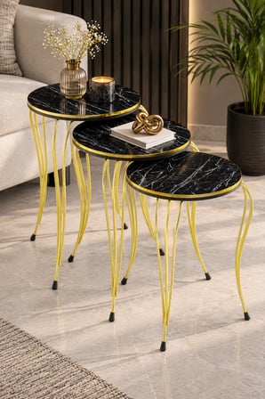SuloraHome Lükens Ayaklı Mermer Desenli Siyah 3'lü Zigon Sehpa Takımı
